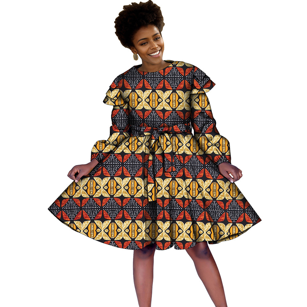Long-sleeved knee-length African dress with bow belt FH034