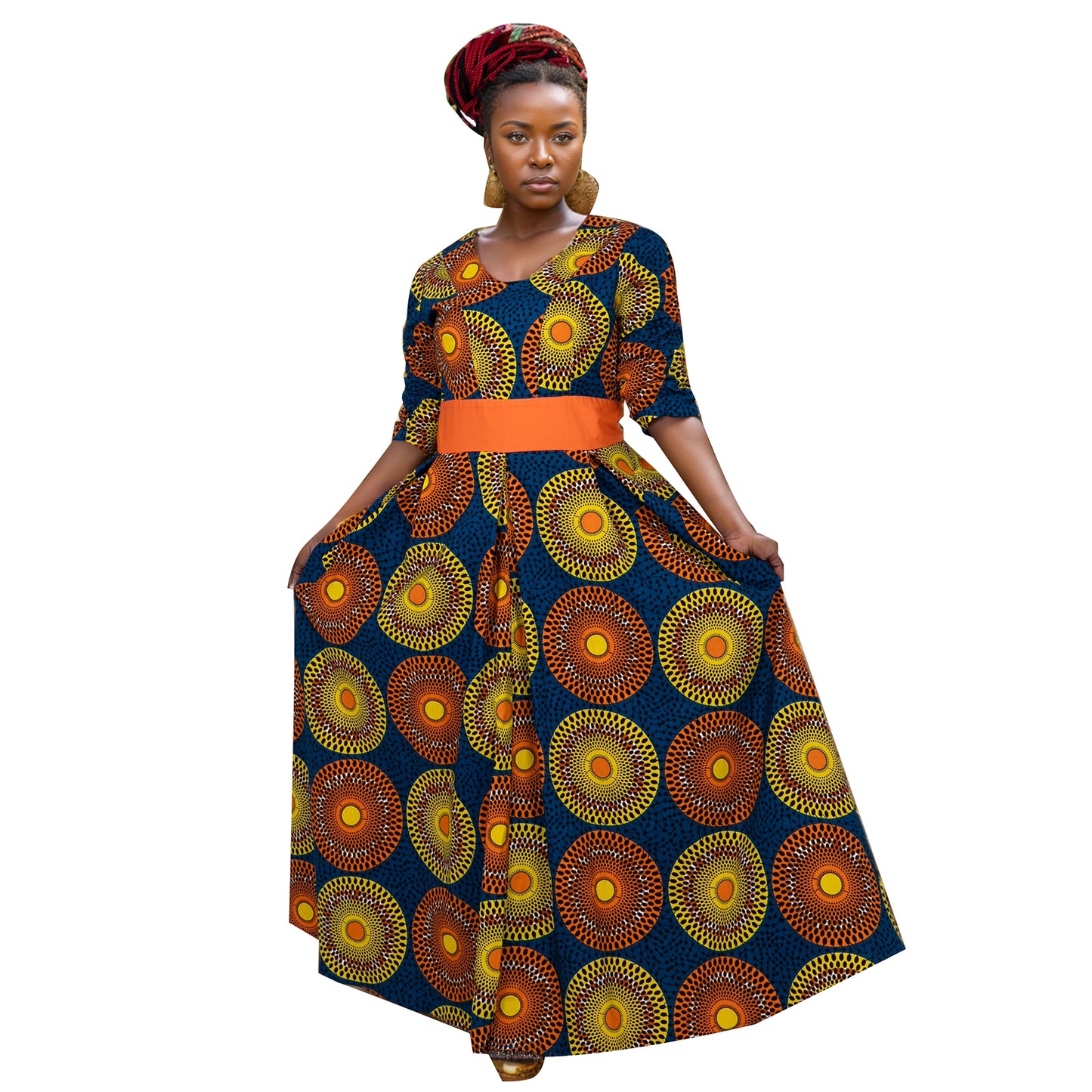African Women's Dress Ankara Multicolor Deep V-Neck Shirt Dresses with Pocket WY7415