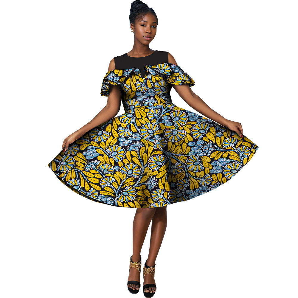 African Ankara Print Dresses O-Neck Splicing Dresses Party Dresses Short Dresses WY5502