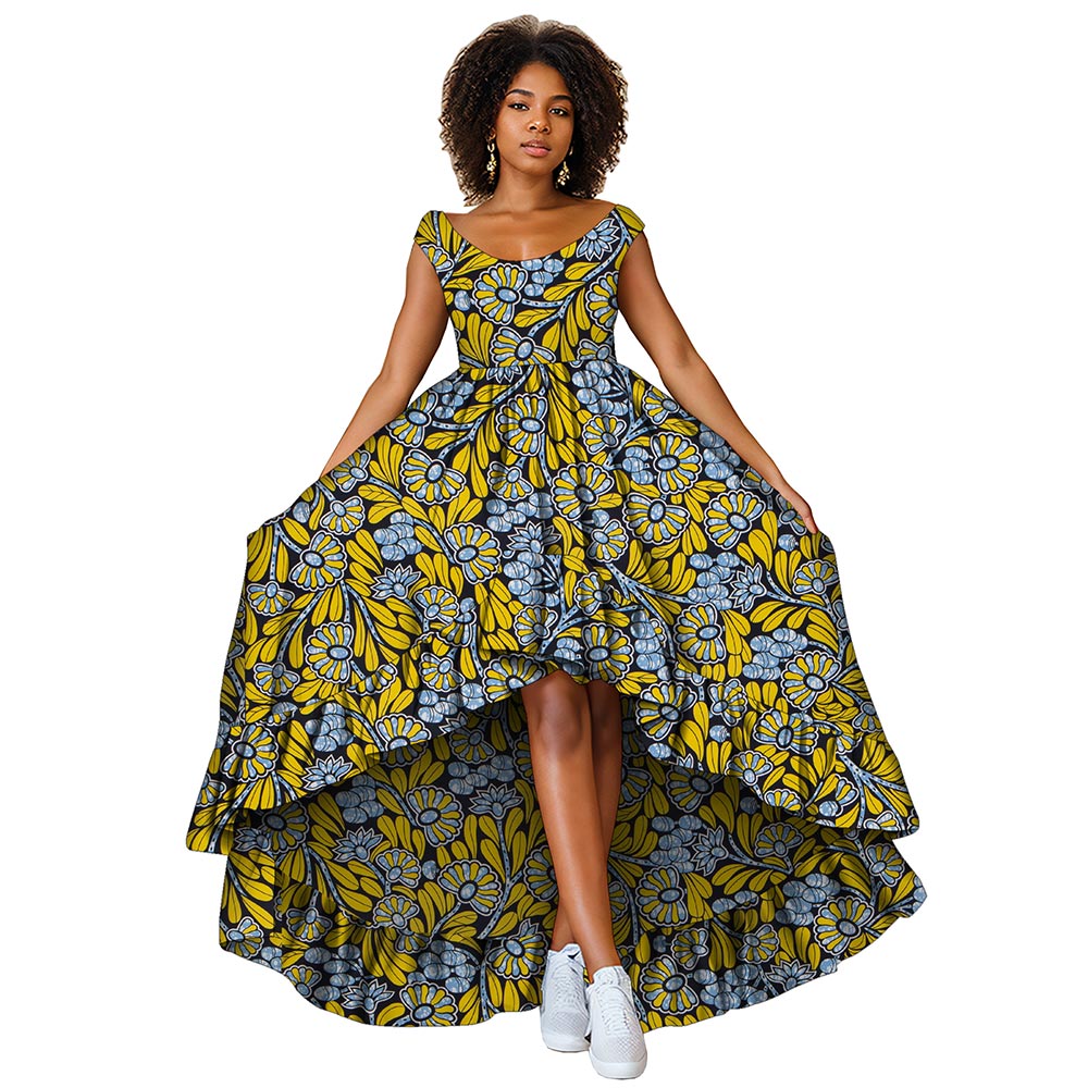 African women dress deep round neck Ankara Kent traditional wax print party dress WY8373