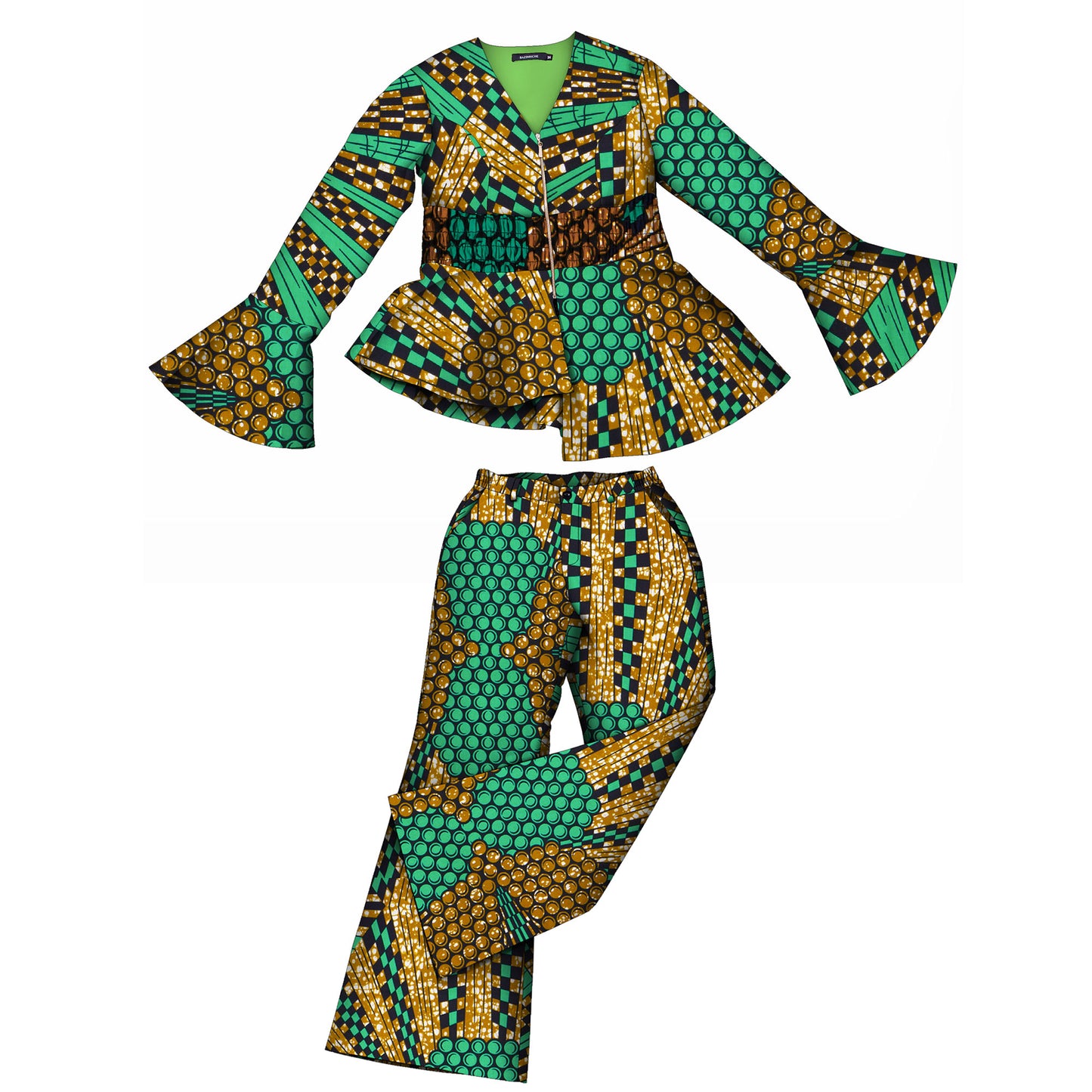 African Fashion Women's Sweet Wind Horn Long Sleeve Women's Zipper V-neck Top and Pants wy10949