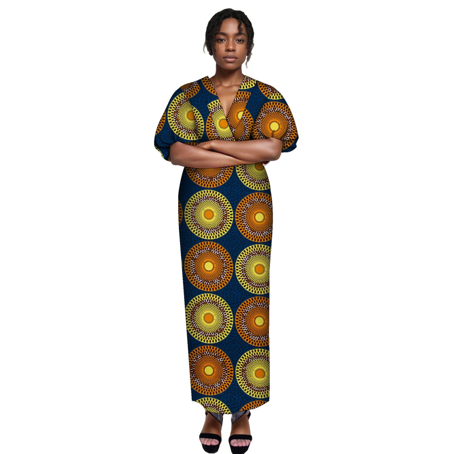 African Fashion Women's V-neck Bubble Sleeve Women's Skirt, European and American Women's Slimming and Ankle Long Skirt wy10347