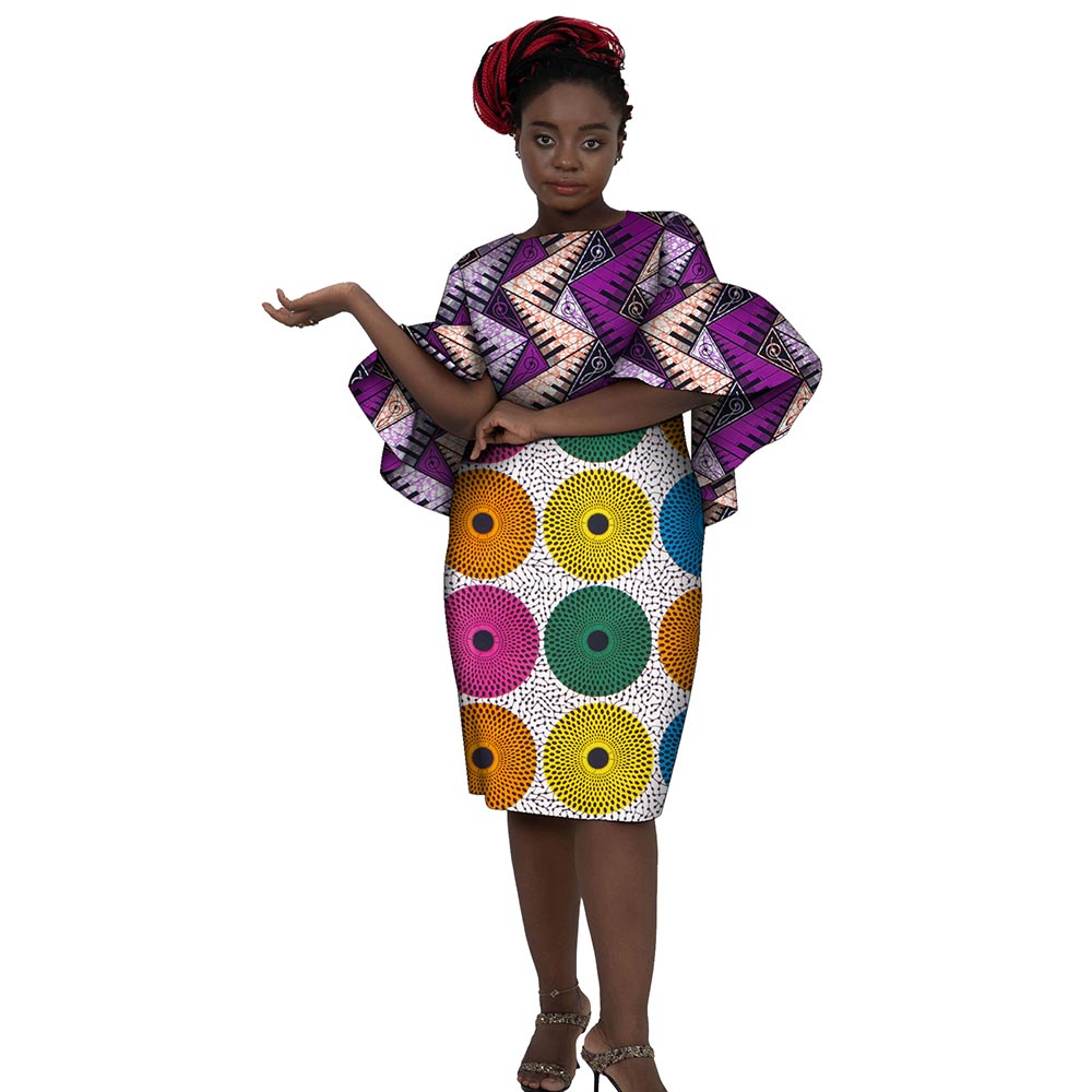 African Women Dresses Short Trumpet Sleeve Knee Length Patchwork Dress WY7506