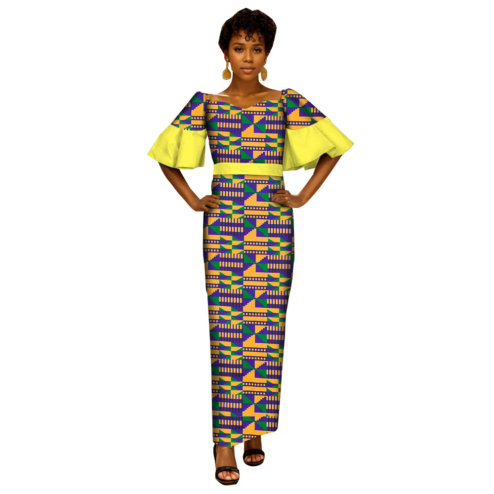African Women's Dress Ankara Multicolor Short Sleeve Package Hip Long Dress WY6761
