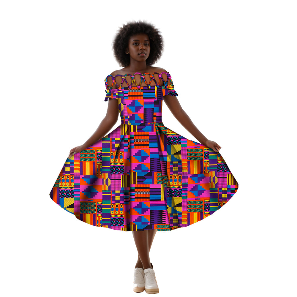 African women's clothing Cotton rope woven collar African printed wax clothing over knee length women's clothing WY335