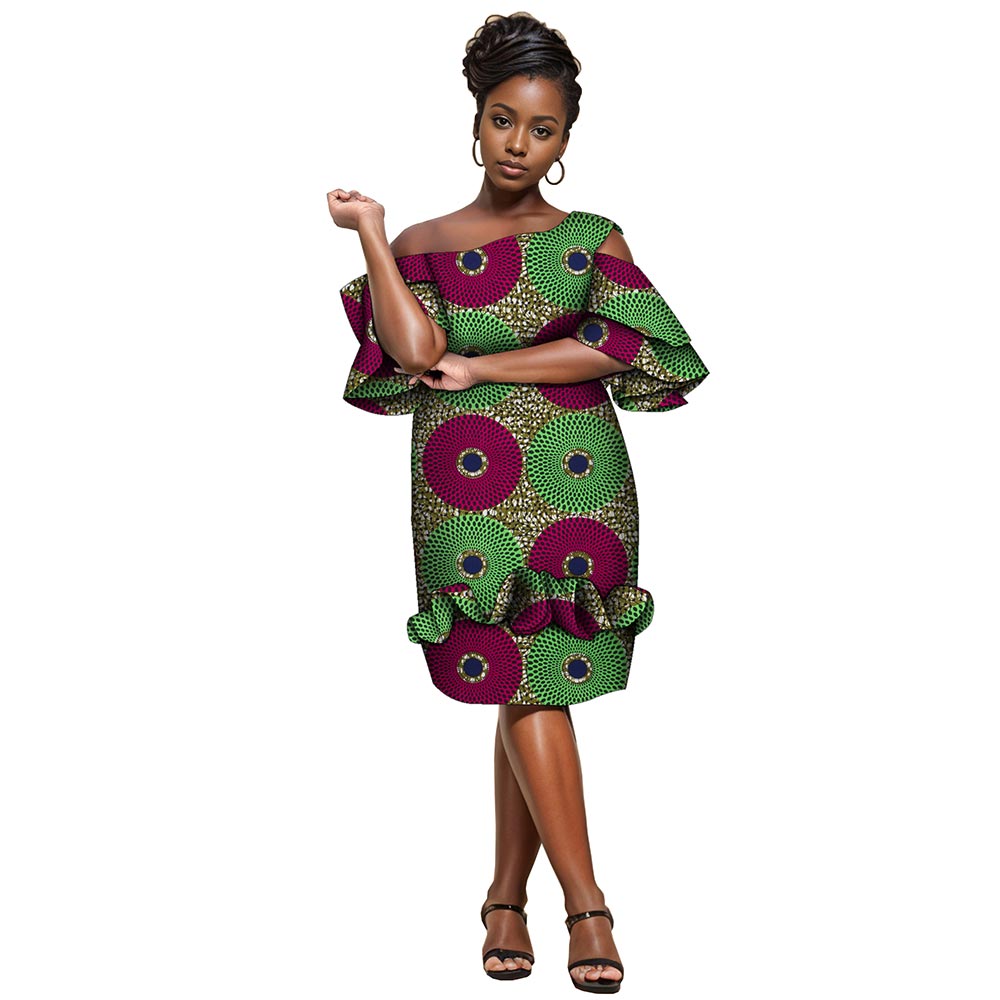 African Women Print Dress Knee Length Dress with Ruffle Edge Fashion Ankara Dress WY5294
