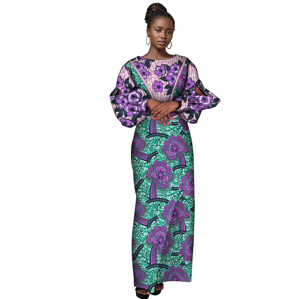 African women dress crew neck patchwork long sleeve high waisted party dress WY9991