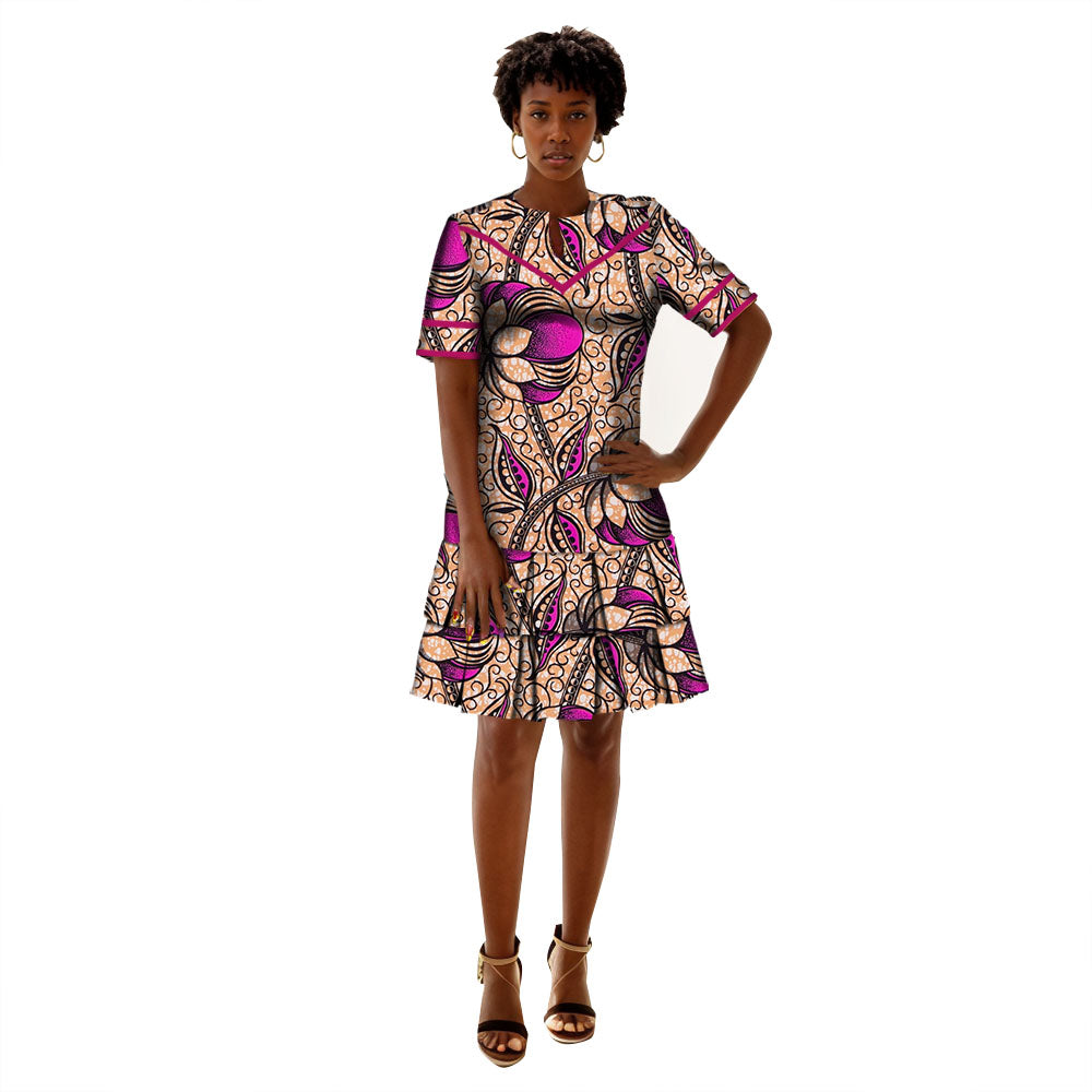 African Women Dresses Ankara Wax Print Clothing Short Sleeve Dress WY9880
