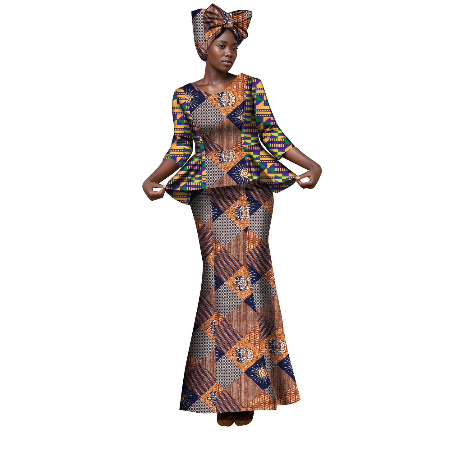 African Ankara Print Women Dresses Set with Headscarf WY1401