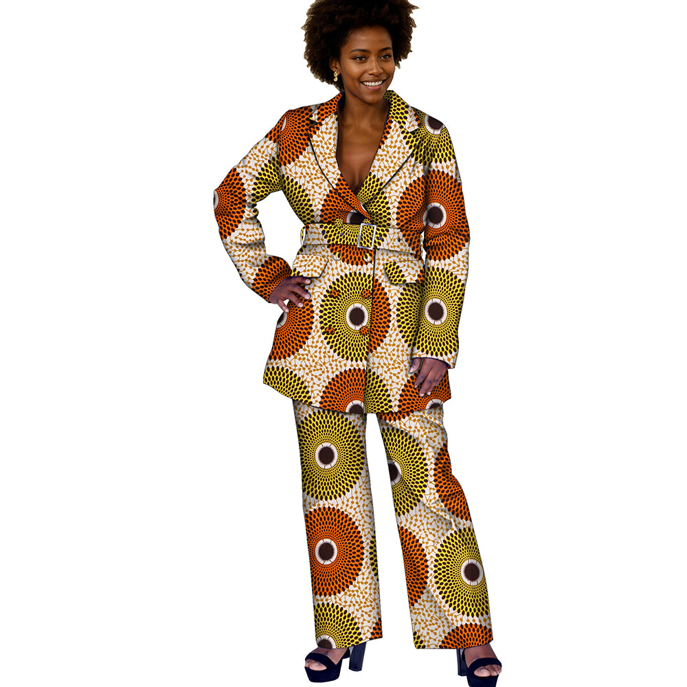 African Women Print Kente Top and Pants Set with Belt FH033