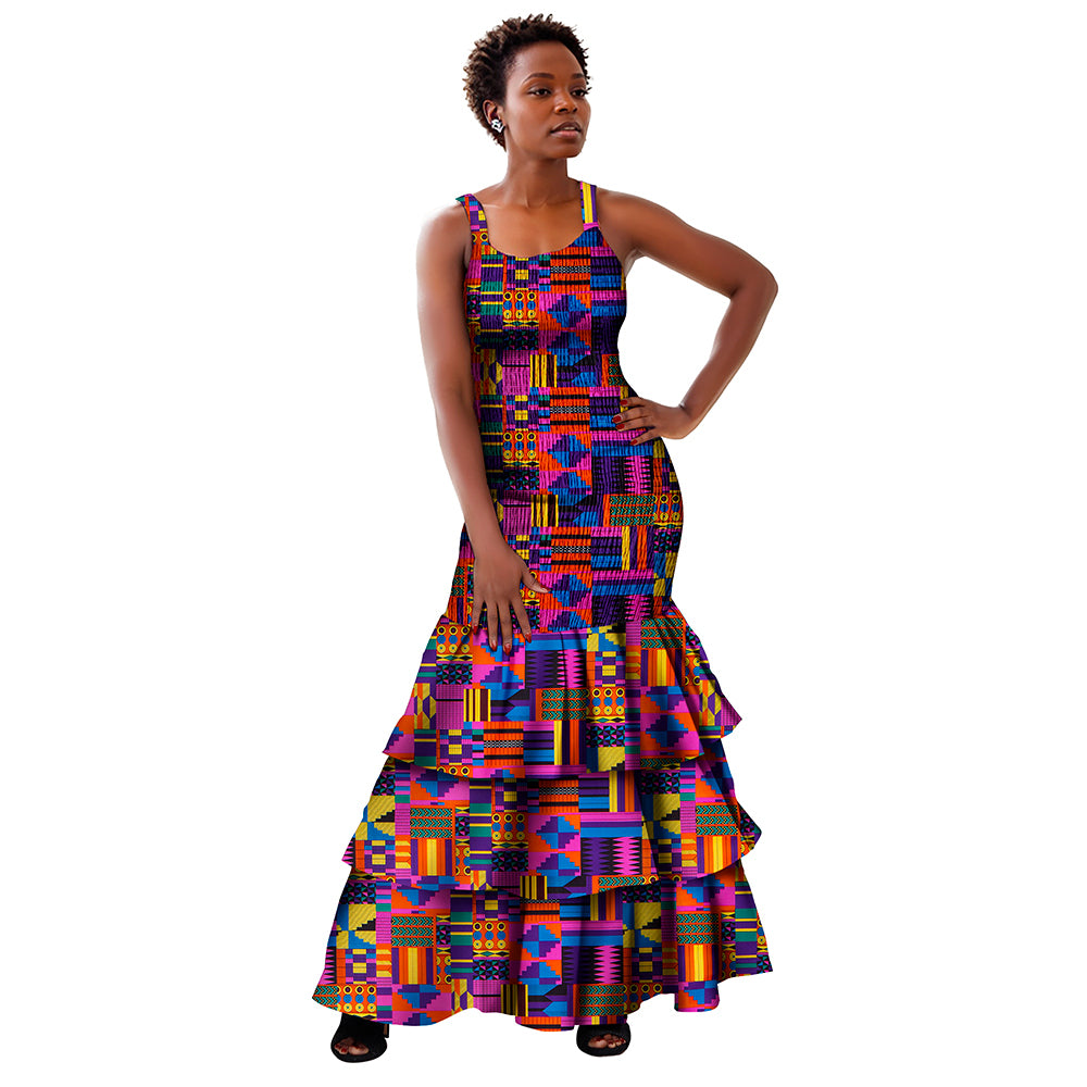 African Women Dresses Summer Sleeveless Ruffle Dress Dashiki Bodycon Dress WY298