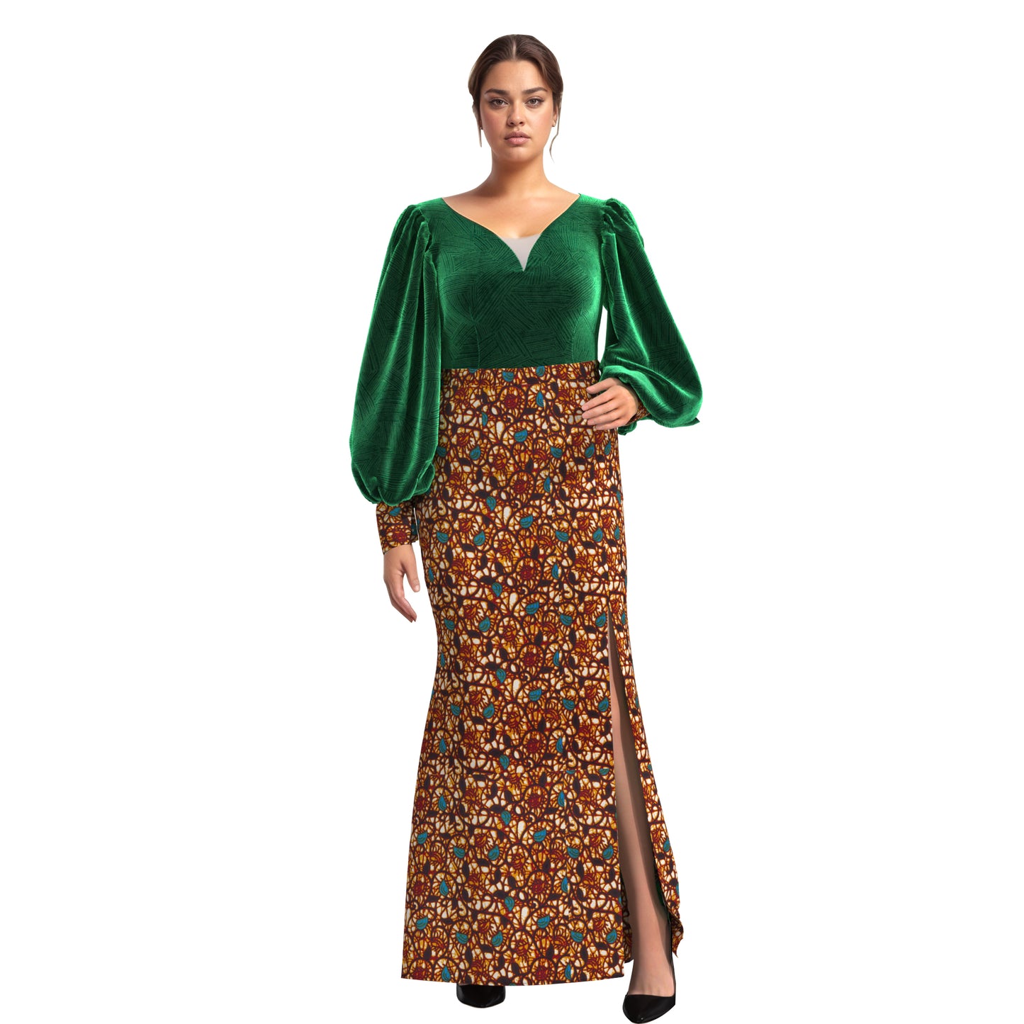 African fashion women's long sleeved sweet style women's skirt lantern sleeves elegant style women's slit and ankle long skirt wy10905