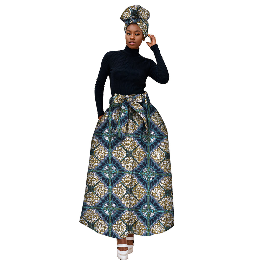 African Ankara Half Skirts for Women Fashion High Waist Elegant Long Skirt Matching Headwrap WY268