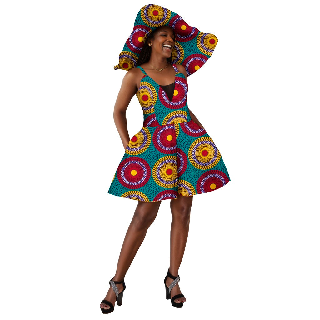 African Women Suspenders Jumpsuit Traditional Ankara Kente Print with Hat WY8844