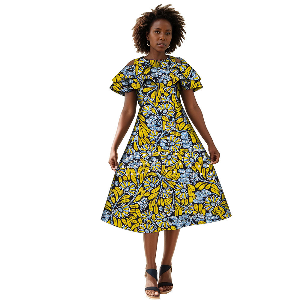 African Dresses for Women A-line Knee-Length Dress Traditional Ankara Kente Print Evening Dress WY4401