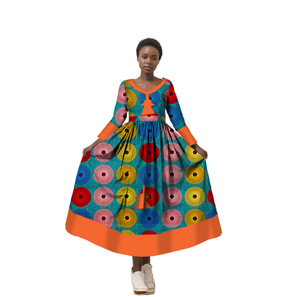 African Wax Print Dress for Women African Style Full Sleeve V-Neck Robe Long Evening Clothing WY2998