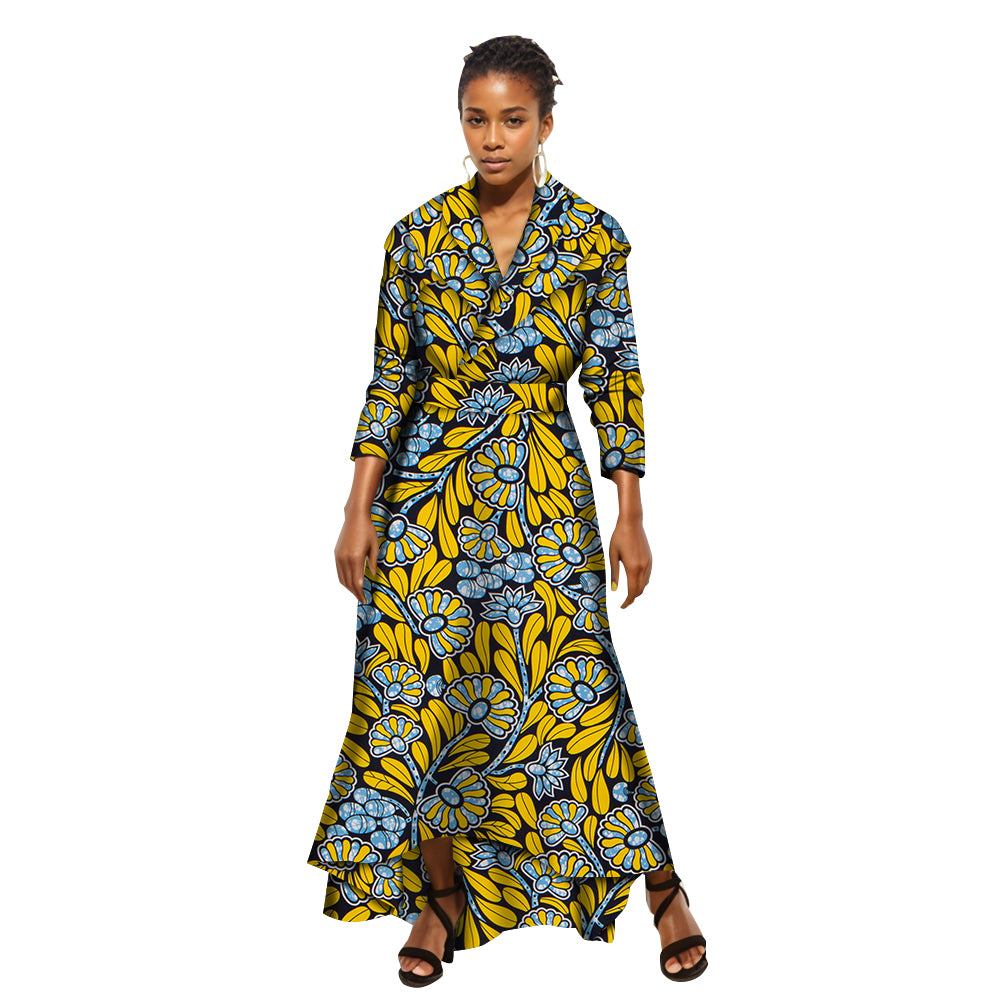 African Women Dress Ankara Multicolor Girding Deep V-Neck Shirt Skirt WY5951