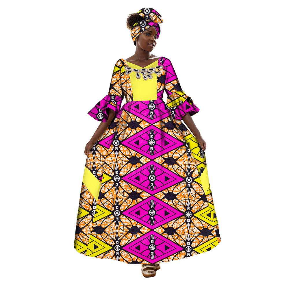 African Women Maxi Party Dress Double Layered Bell Sleeve Long Dress & Headwrap WY3819