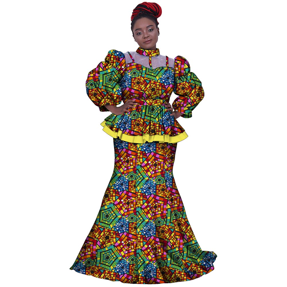 2 Pieces Set Women Skirt and Top Set African Clothes for Women Print Clothing Ankara Blouse and Split Skirts Suits Set WY8456