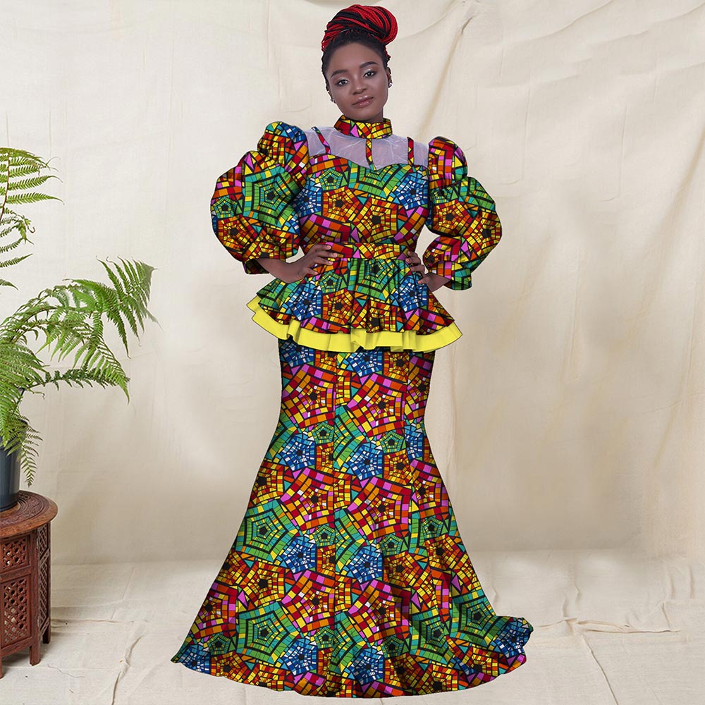 2 Pieces Set Women Skirt and Top Set African Clothes for Women Print Clothing Ankara Blouse and Split Skirts Suits Set WY8456