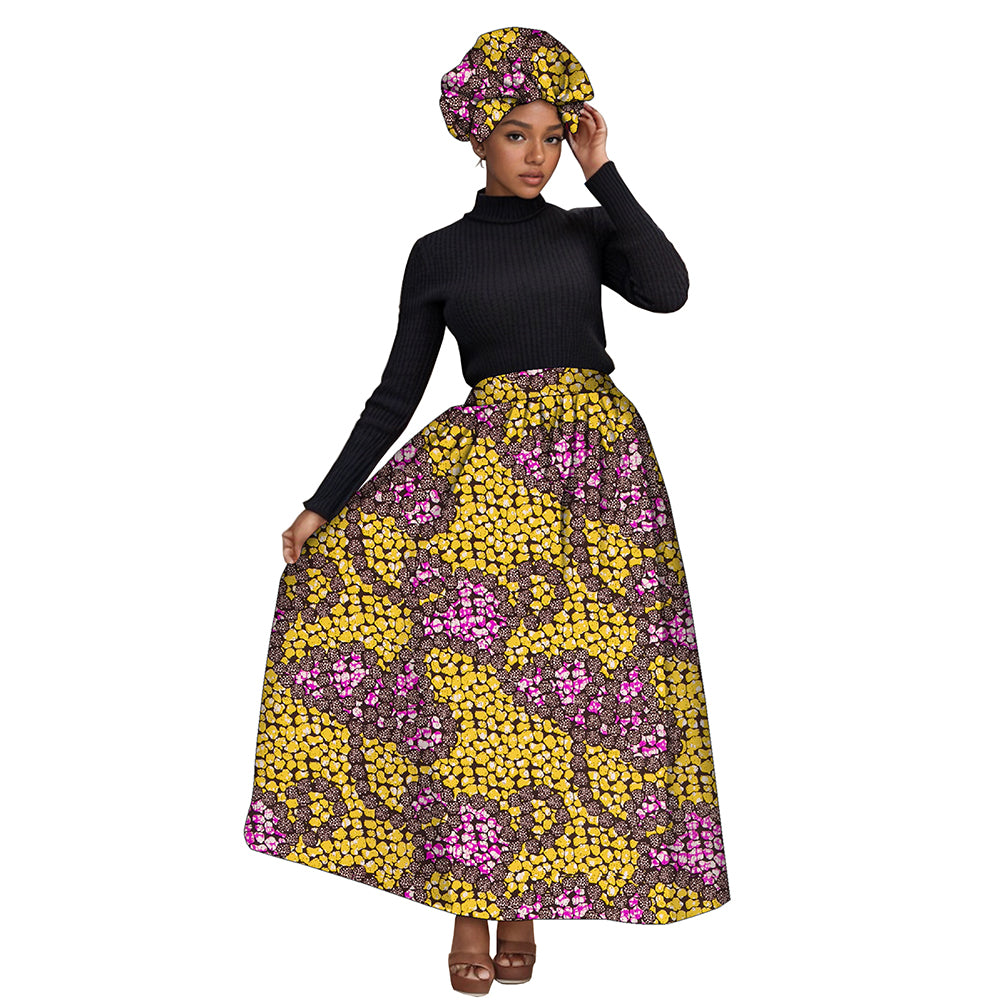 African Women's Long High Waist  Ankara Print Skirt Matching Headwrap WY1270