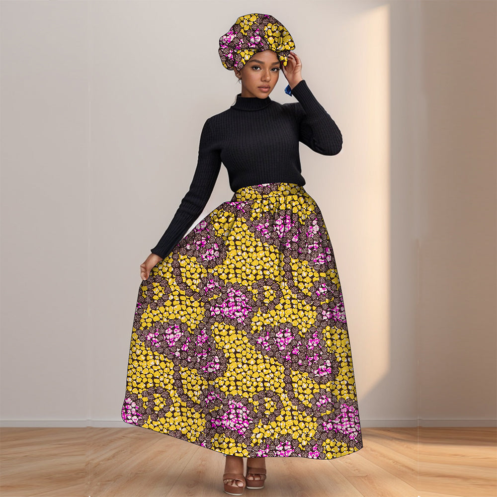 African Women's Long High Waist  Ankara Print Skirt Matching Headwrap WY1270