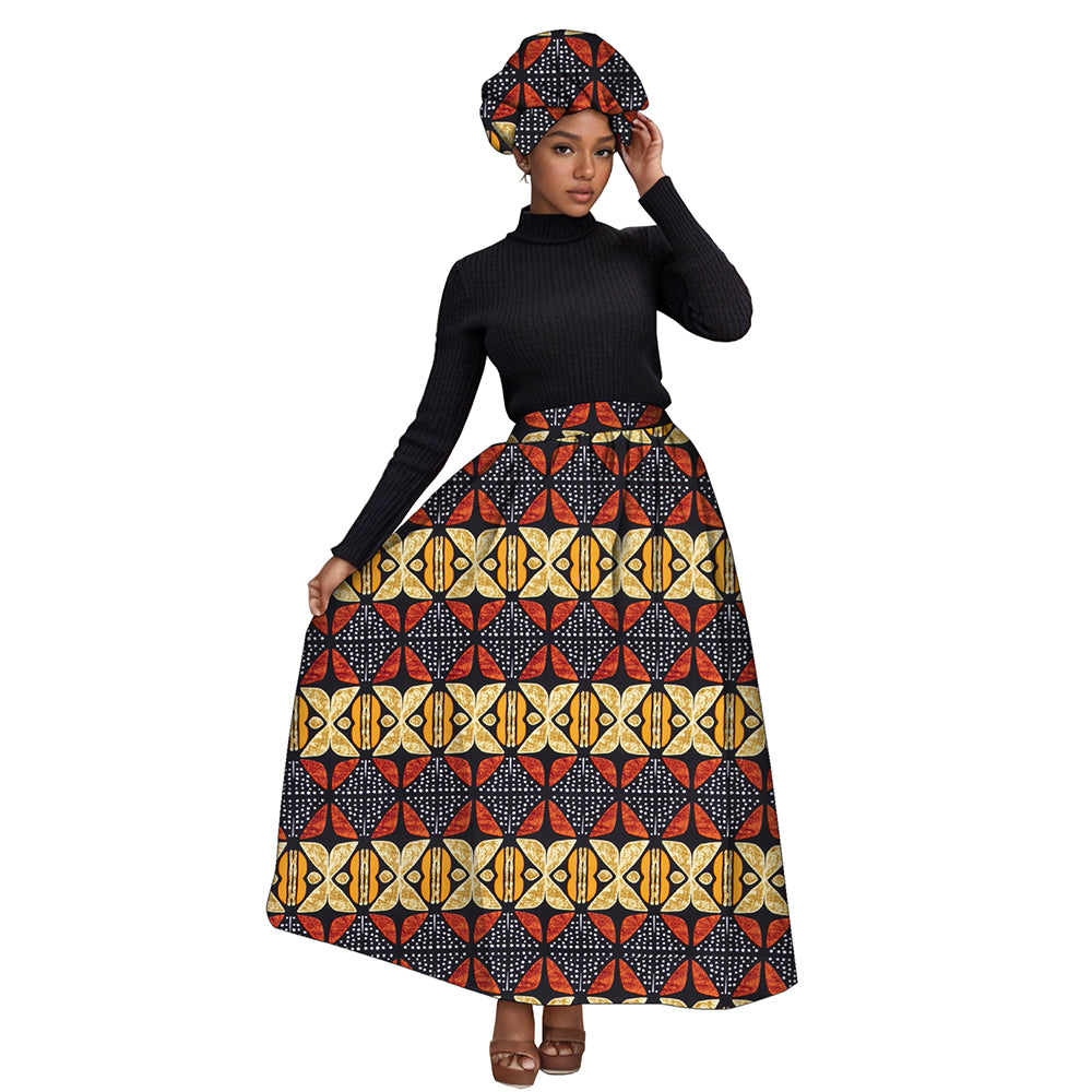 African Women's Long High Waist  Ankara Print Skirt Matching Headwrap WY1270