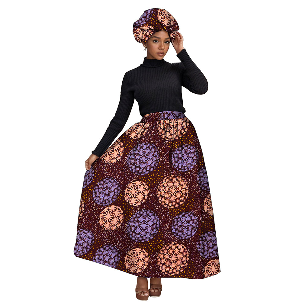 African Women's Long High Waist  Ankara Print Skirt Matching Headwrap WY1270