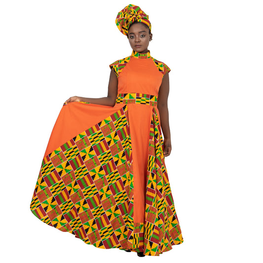 African Dresses for Women Long Skirt Traditional Ankara Kente Print Casual with Scarf WY1173