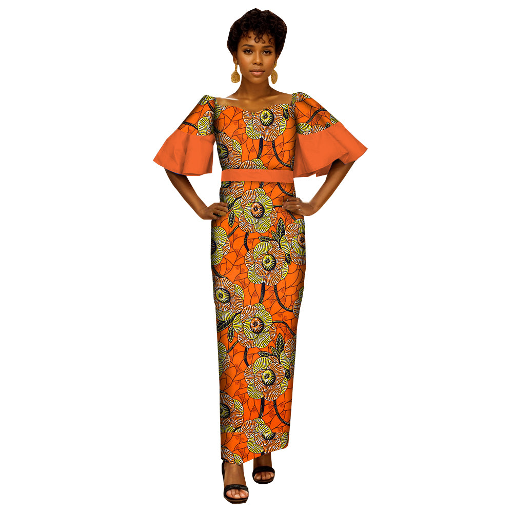 African Women's Dress   Ankara Multicolor Short Sleeve Package Hip Long Dress WY6761