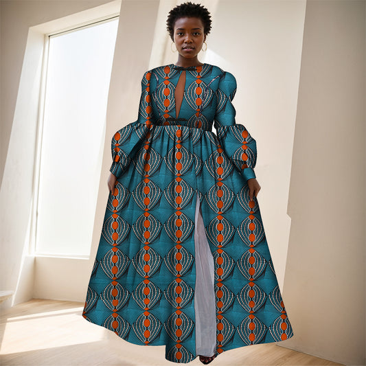 African Women Ankara Print Dresses  Long Sleeve Floor Length Sexy Lady Clothing  WY8853